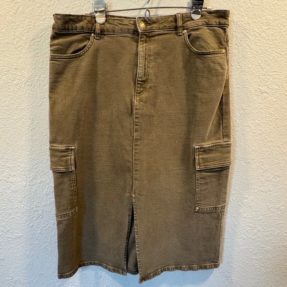 Michael Kors Dresses & Skirts - Michael Kors Olive Green Cargo Denim Midi Skirt with Front Slit Size 14